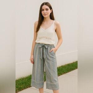Jun & Ivy Striped Wide Leg Cropped Pants with Tie Waist – Size M